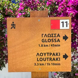 Wooden signs with destinations and distances